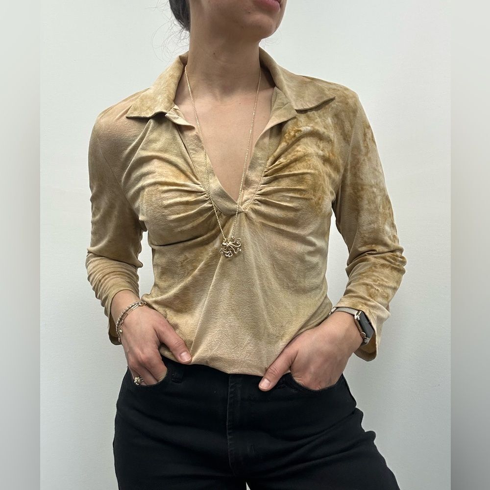 Vintage Y2K 90s Ruched Collared Polo Beige Tie Dye Long Sleeve Top Size M